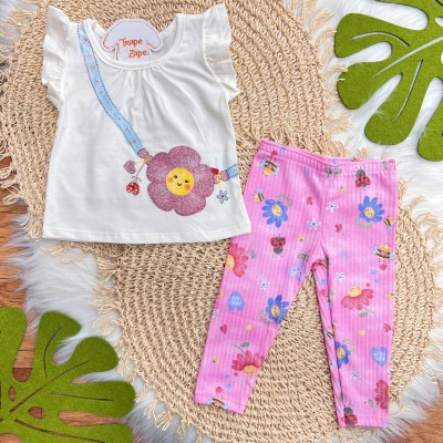 Conj. Blusa Bolsinha de Florzinha e Calça Canelada - Off White e Rosa